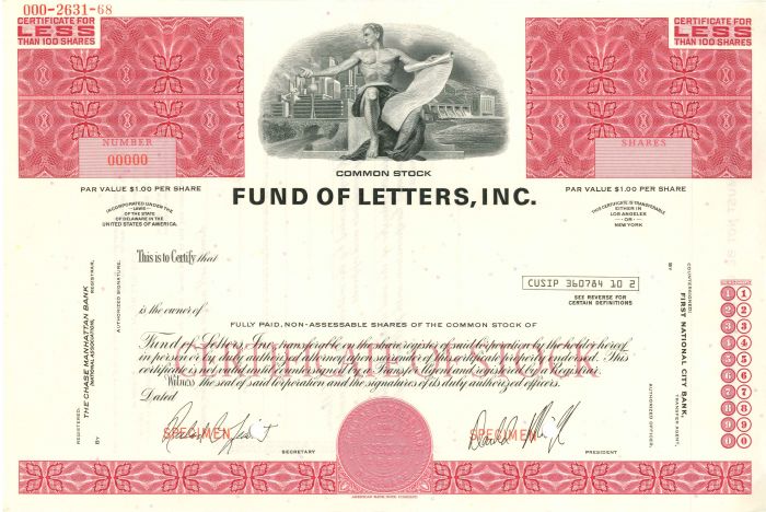 Fund of Letters, Inc. - Stock Certificate