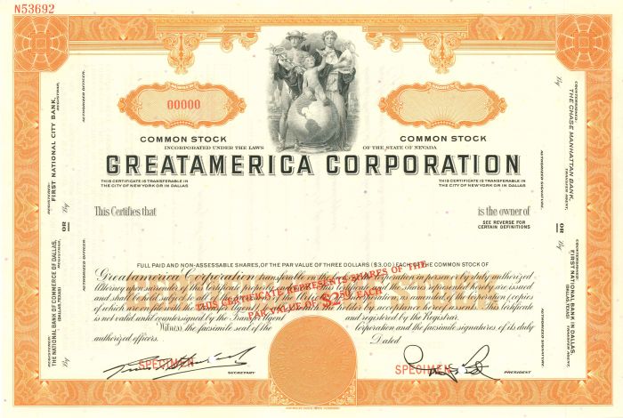 Greatamerica Corporation - Stock Certificate