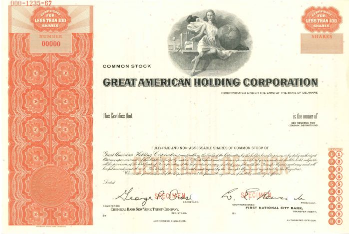 Great American Holding Corporation - Specimen Stock Certificate