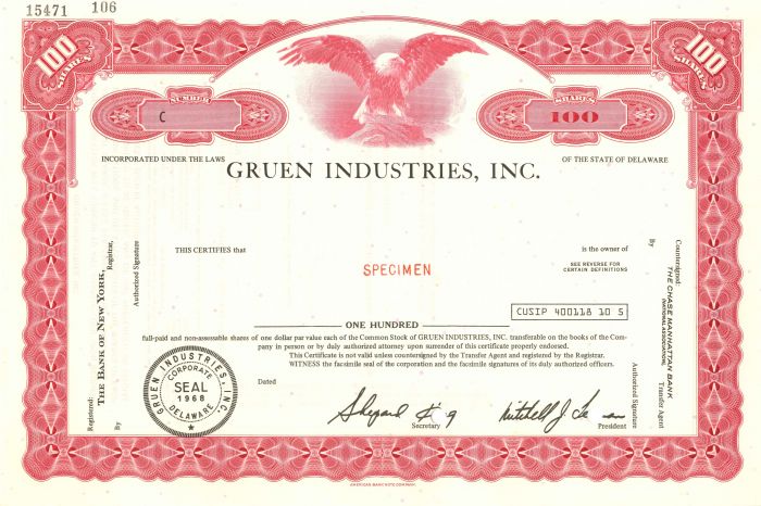 Gruen Industries, Inc. - Stock Certificate