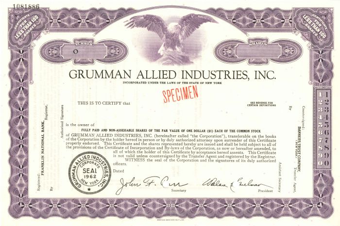 Grumman Allied Industries, Inc. - Specimen Stock Certificate