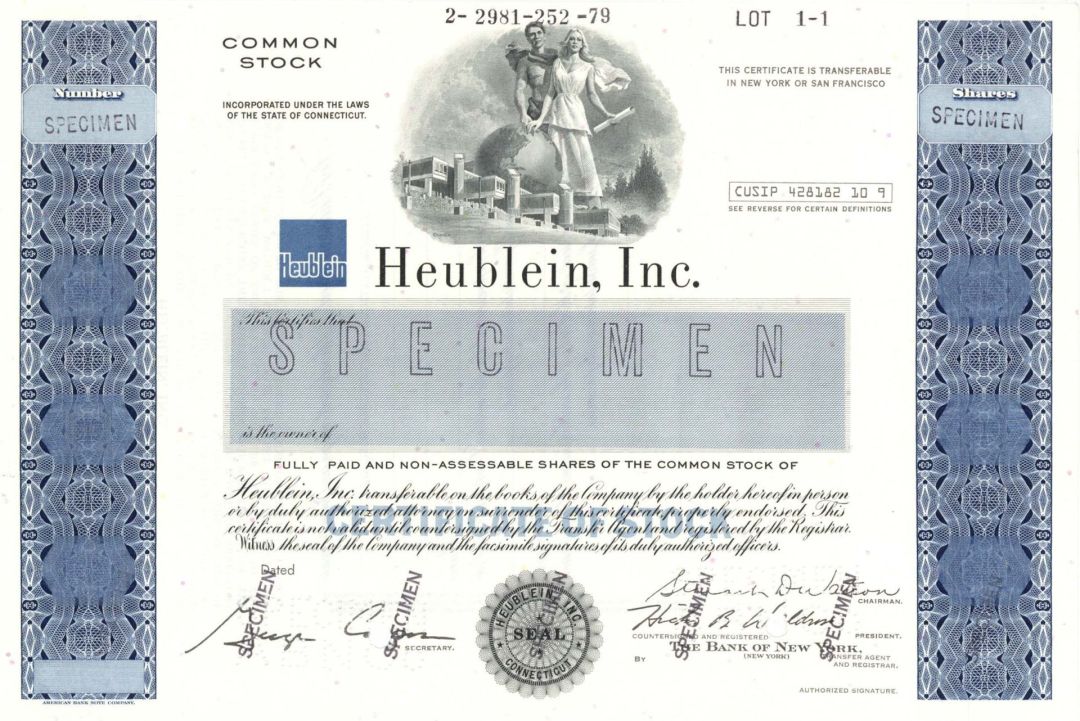 Heublein, Inc. - Specimen Stock Certificate