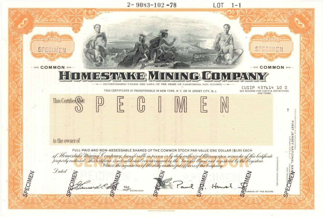 Homestake Mining Co. - Specimen Stock Certificate