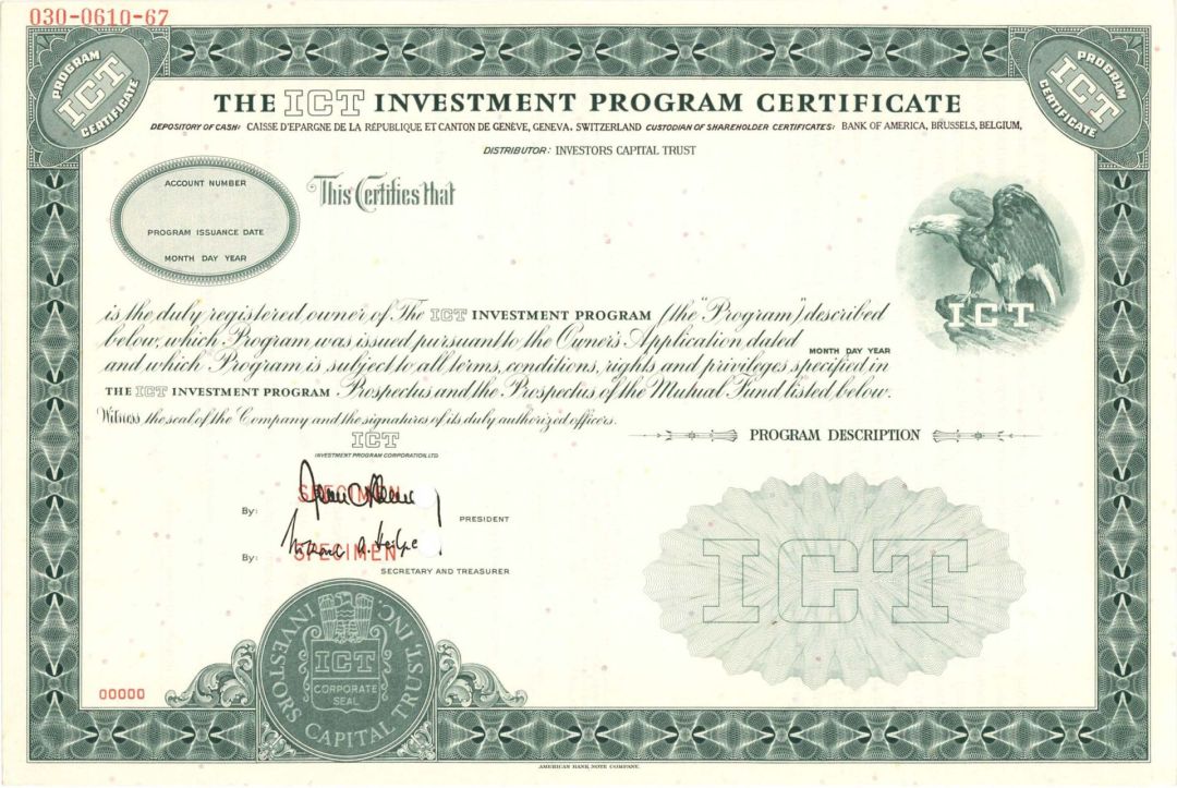 ICT Investment Program Certificate - Specimen Stock Certificate