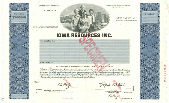 Iowa Resources Inc. - Stock Certificate