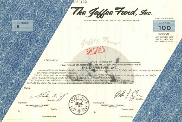 Jaffee Fund, Inc. - Stock Certificate