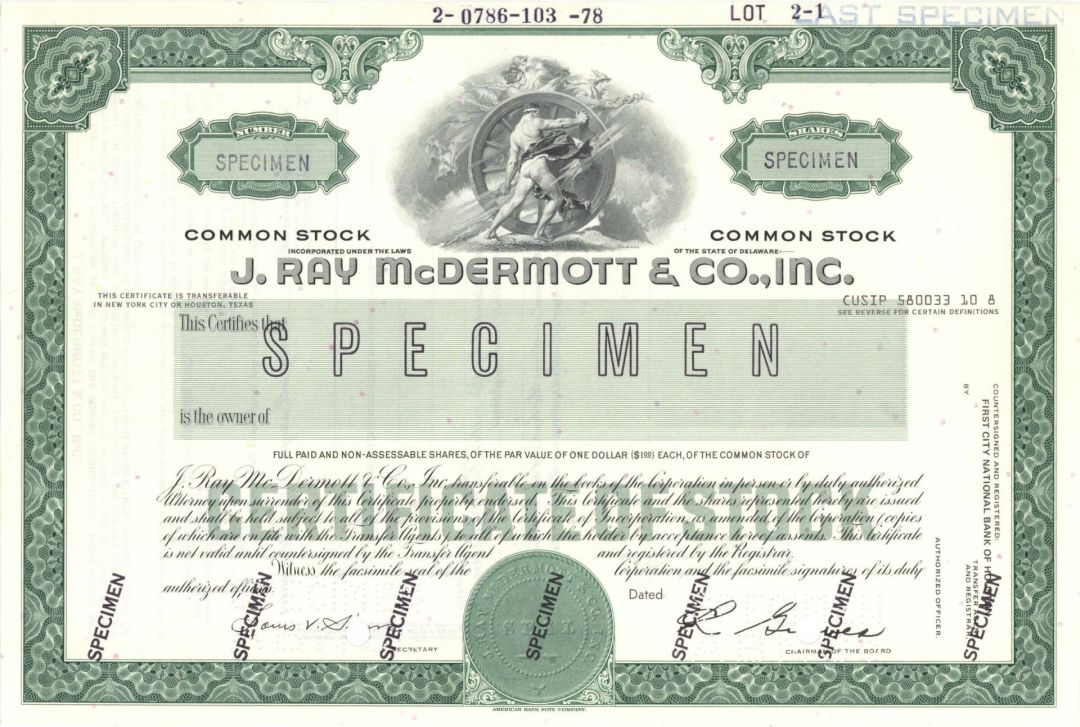 J. Ray McDermott and Co., Inc. - Specimen Stock Certificate