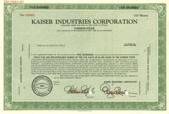 Kaiser Industries Corporation - Stock Certificate