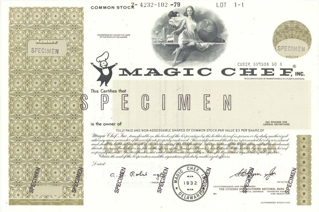 Magic Chef, Inc. - Specimen Stock Certificate