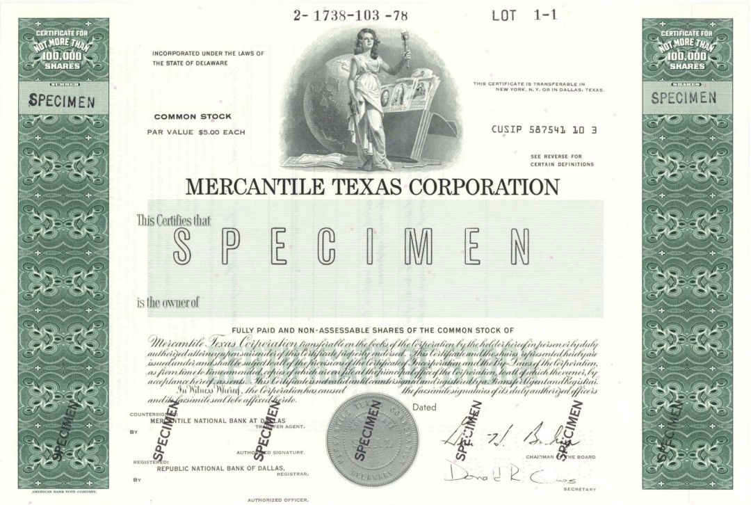 Mercantile Texas Corp. - Specimen Stock Certificate