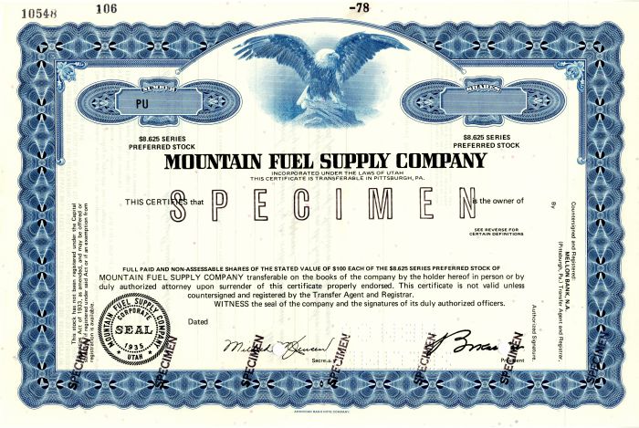 Mountain Fuel Supply Co. - Stock Certificate