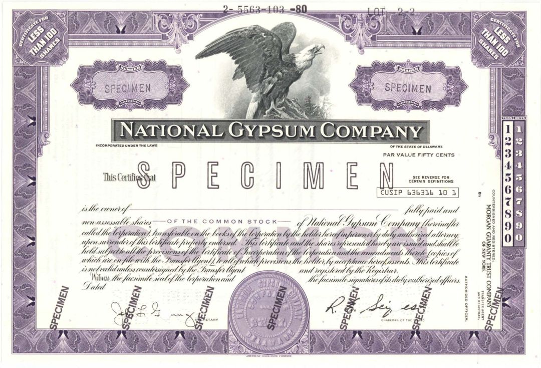 National Gypsum Co. - Construction Materials Specimen Stock Certificate