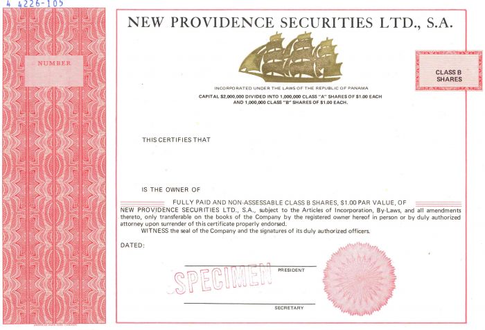 New Providence Securities Ltd., S.A. - Specimen Stock Certificate - Bahamas & Panama