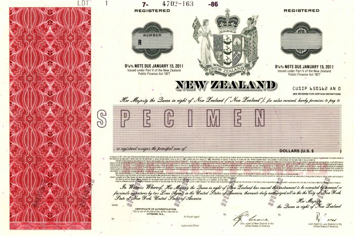 New Zealand - Specimen Registered Bond