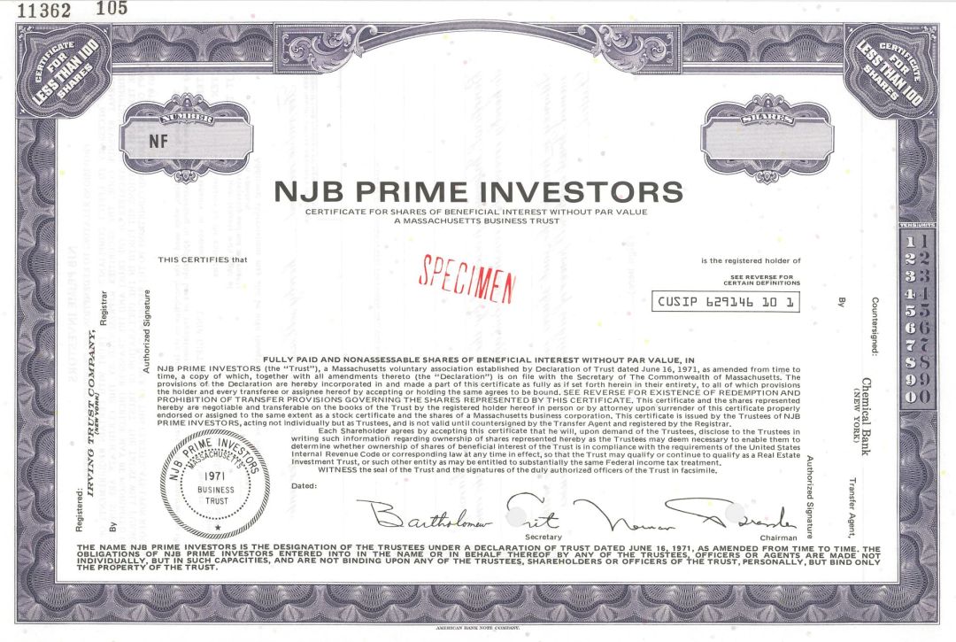 NJB Prime Investors - Stock Certificate