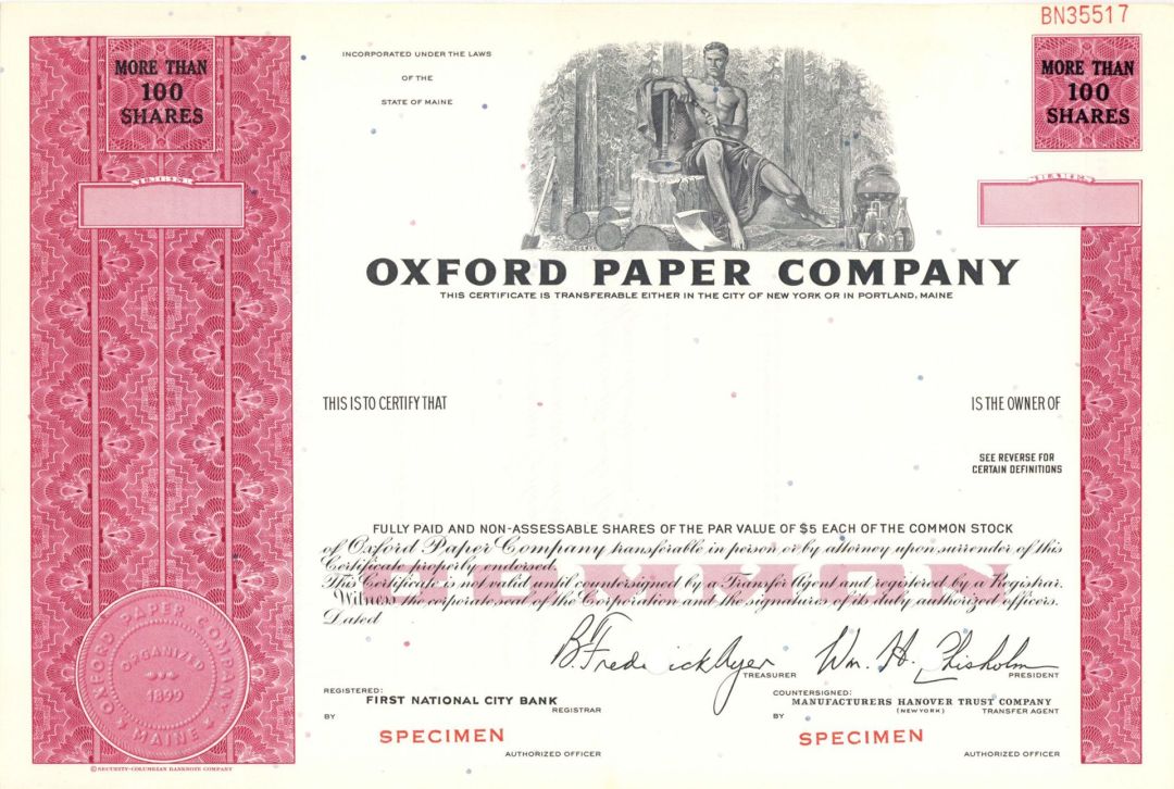 Oxford Paper Co. - 1899 Specimen Stock Certificate