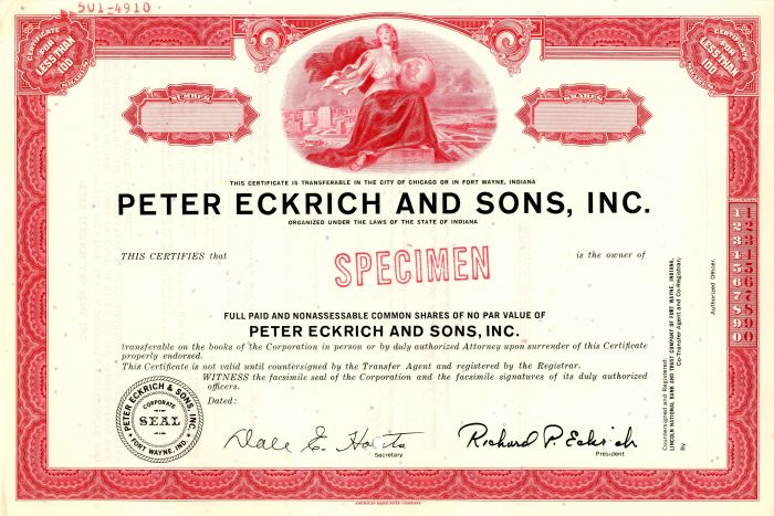 Peter Eckrich and Sons, Inc. - Stock Certificate