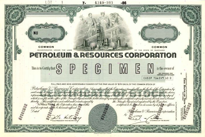 Petroleum and Resources Corporation - Stock Certificate