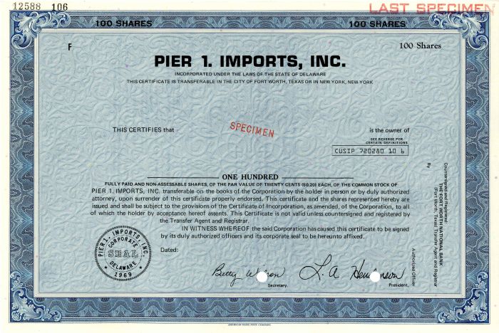 Pier 1. Imports, Inc. - Stock Certificate