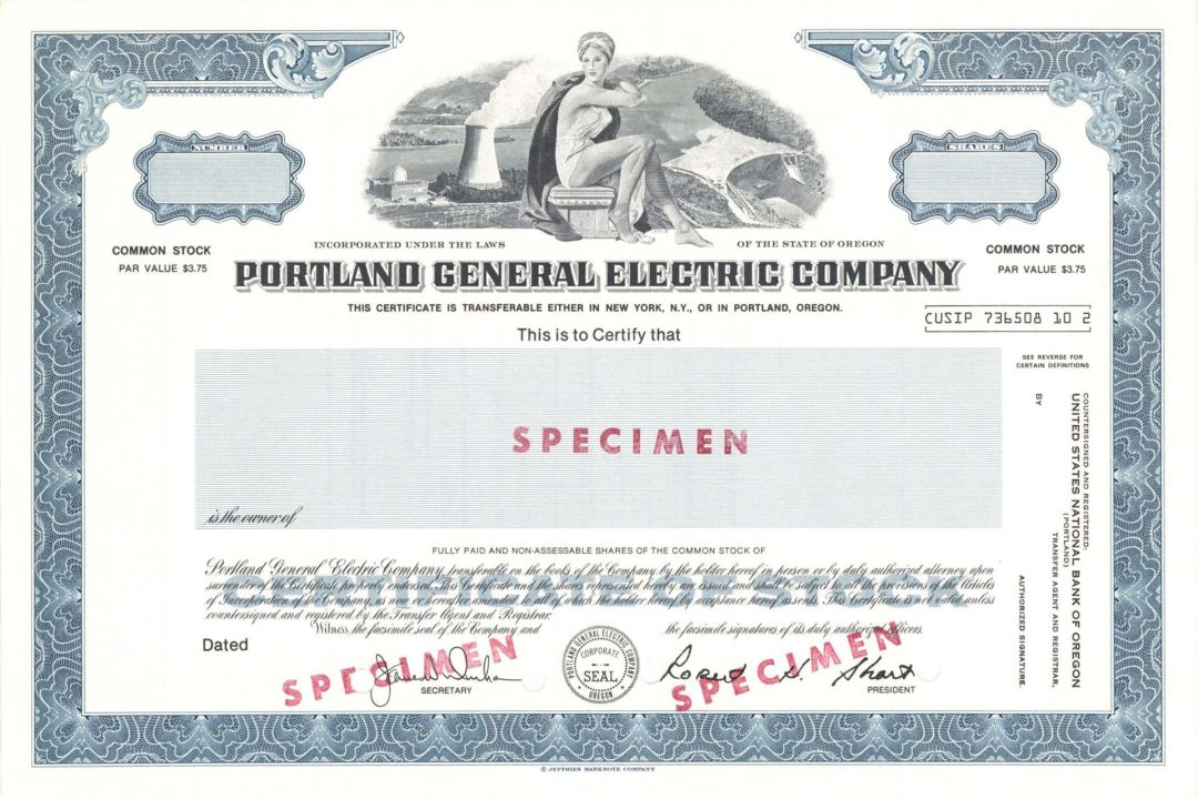 Portland General Electric Co. - Utility Specimen Stock Certificate