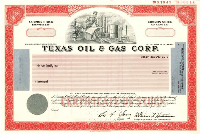 Texas Oil and Gas Corp. - Specimen Stock Certificate - Connected to US Steel Corporation