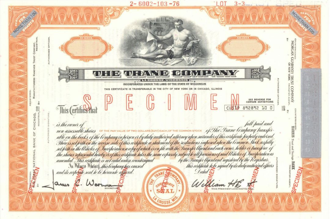 Trane Co. - Specimen Stock Certificate