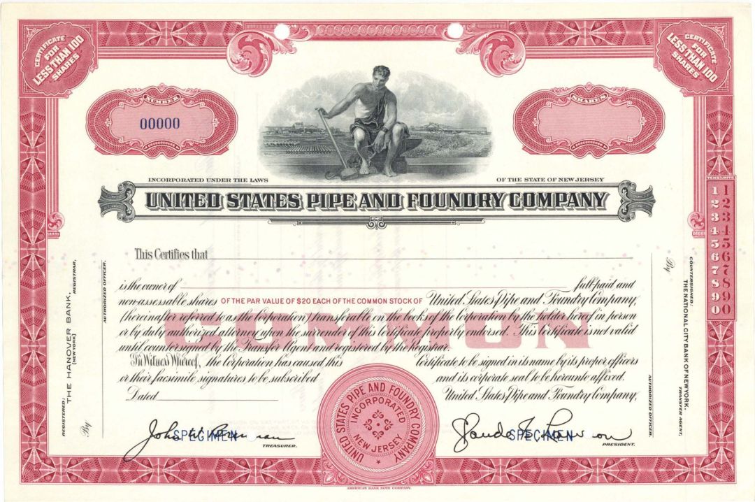 United States Pipe and Foundry Co. - Specimen Stock Certificate