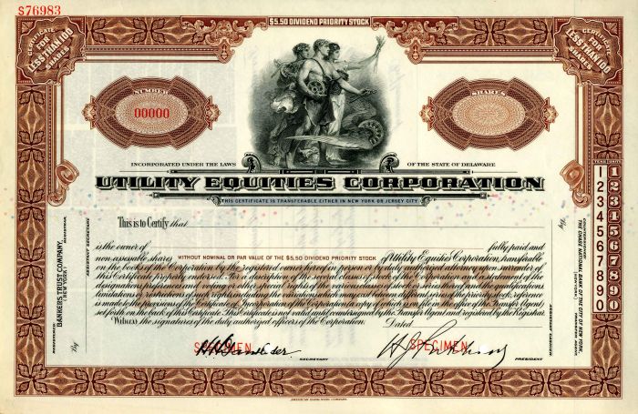 Utility Equities Corporation - Stock Certificate