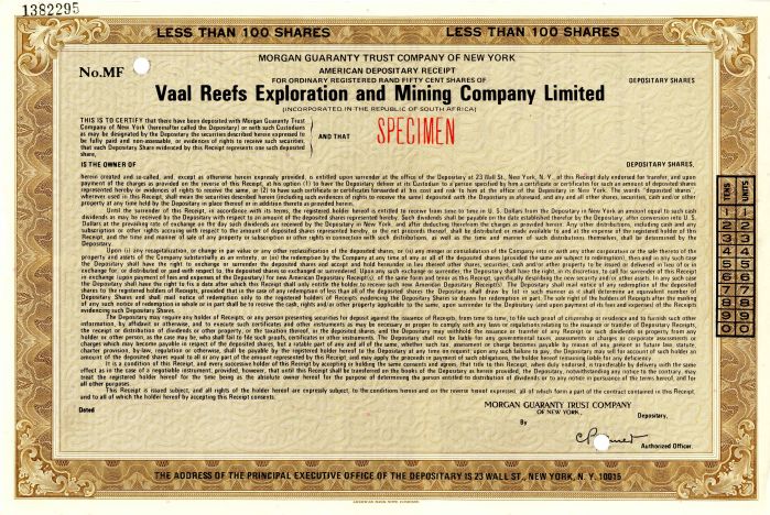 Vaal Reefs Exploration and Mining Co. Limited - Stock Certificate