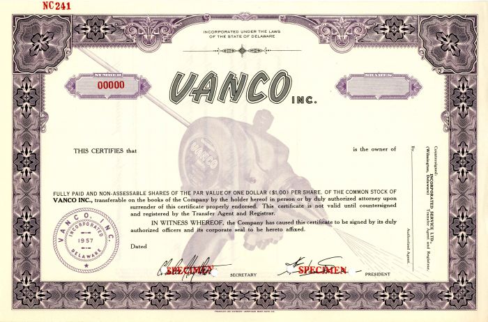 Vanco Inc. - Stock Certificate