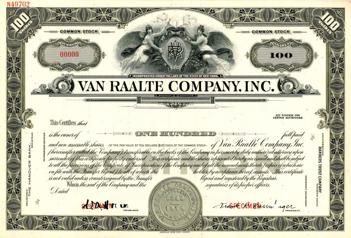 Van Raalte Co., Inc. - Stock Certificate