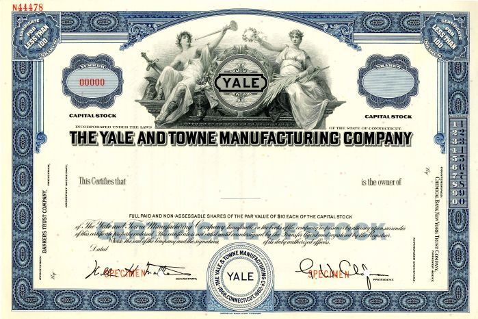 Yale and Towne Manufacturing Co. - Stock Certificate