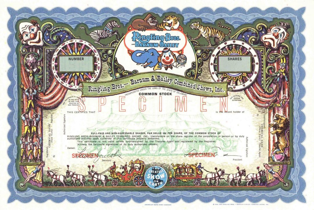 Blue Ringling Bros.- Barnum & Bailey Combined Shows, Inc. - Multicolored Specimen Circus Stock Certificate