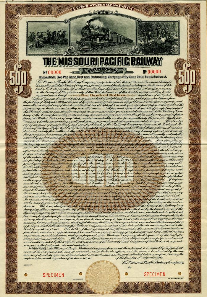 Missouri Pacific Railway Co. - 1909 dated $500 Railroad Gold Bond