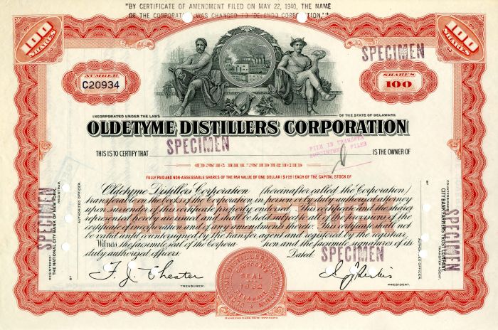 Oldetyme Distillers Corporation - Specimen Stock Certificate