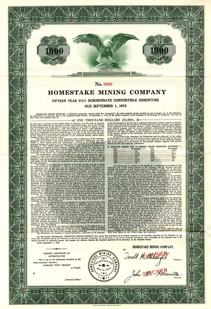 Homestake Mining Co. - 1957 dated $1,000 California Mining Bond