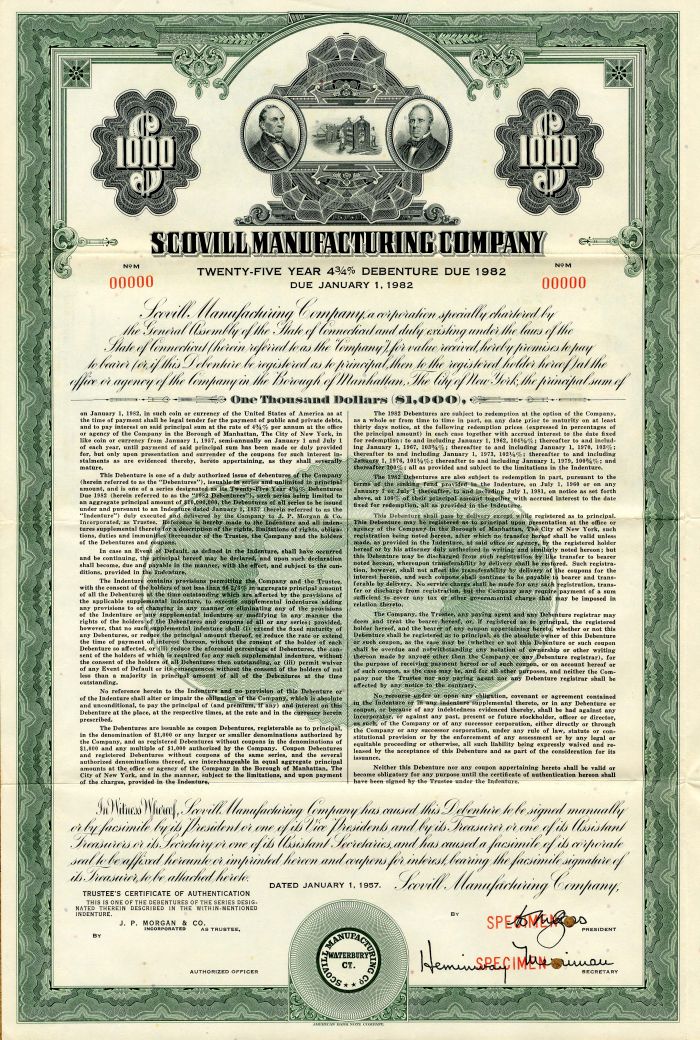 Scovill Manufacturing Co. - 1957 dated Specimen Bond - Unique