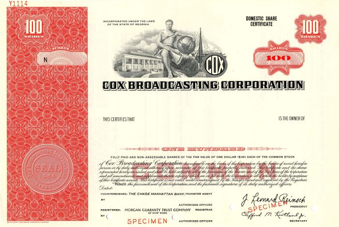 Cox Broadcasting Corporation - Specimen Stock Certificate
