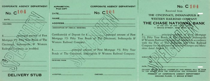 Chase National Bank Delivery Stub Specimen - 1938 dated Banking Specimen