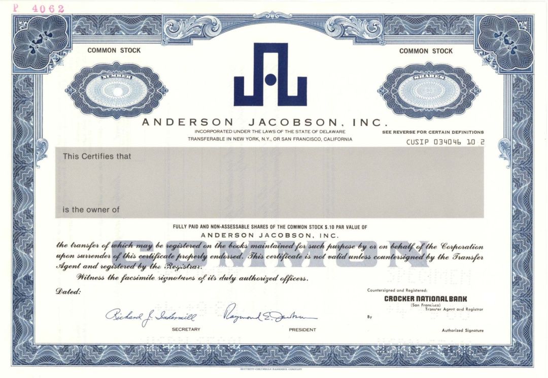 Anderson Jacobson, Inc. - Specimen Stock Certificate