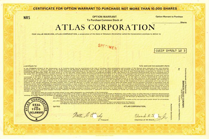 Atlas Corporation - Specimen Stock Certificate