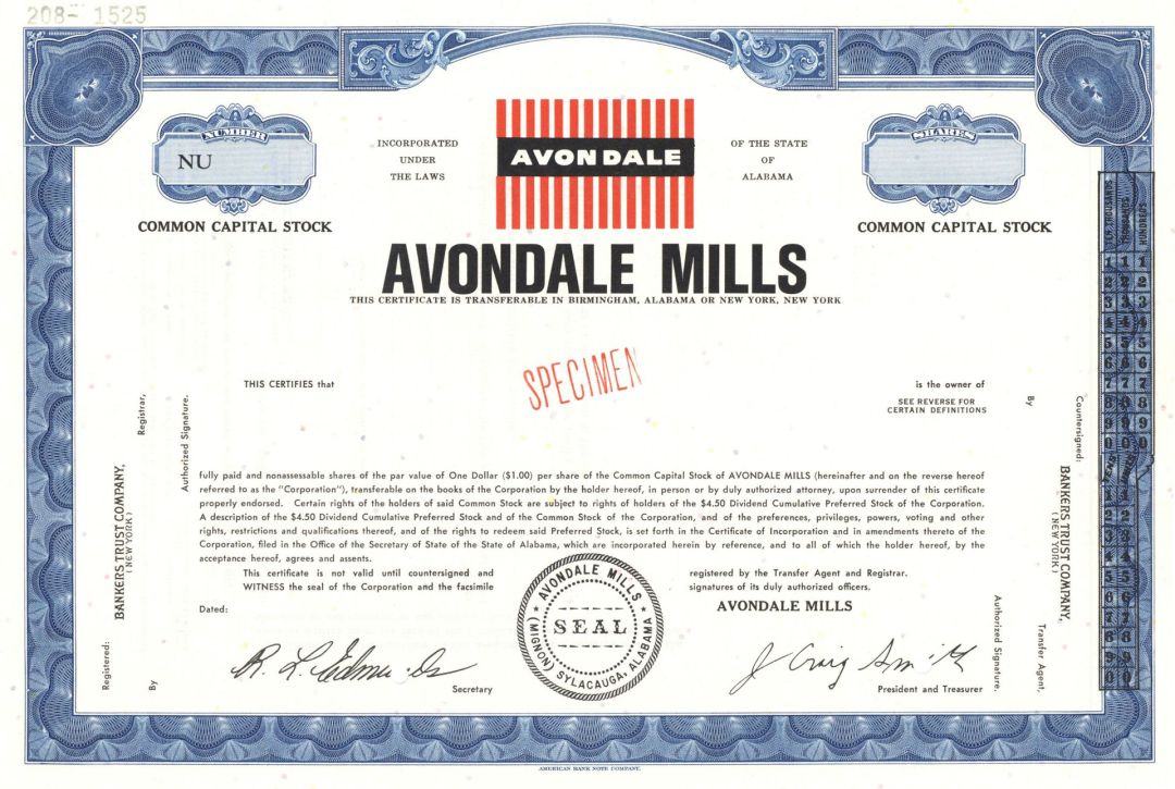 Avondale Mills - Alabama Specimen Stock Certificate - Sylacauga, Alabama