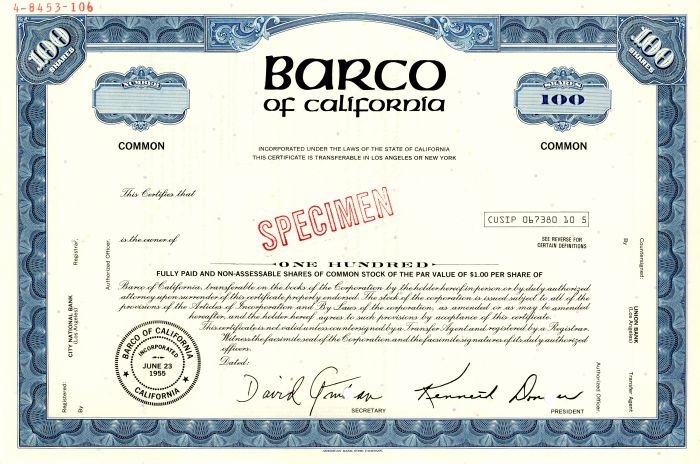 Barco of California - Specimen Stock Certificate