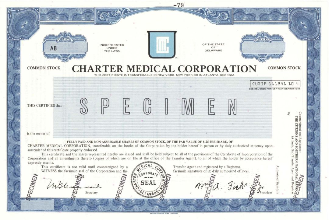 Charter Medical Corp. - Specimen Stock Certificate