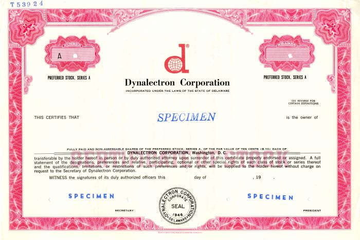 Dynalectron Corporation - Specimen Stock Certificate