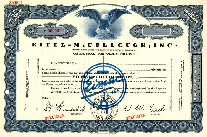 Eitel-McCullough, Inc. - Specimen Stock Certificate