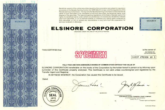 Elsinore Corporation - Specimen Stock Certificate