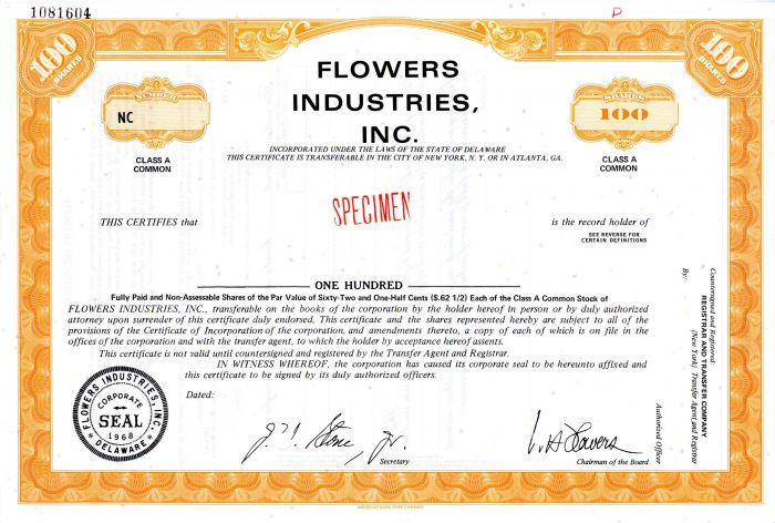 Flowers Industries, Inc. - Specimen Stock Certificate