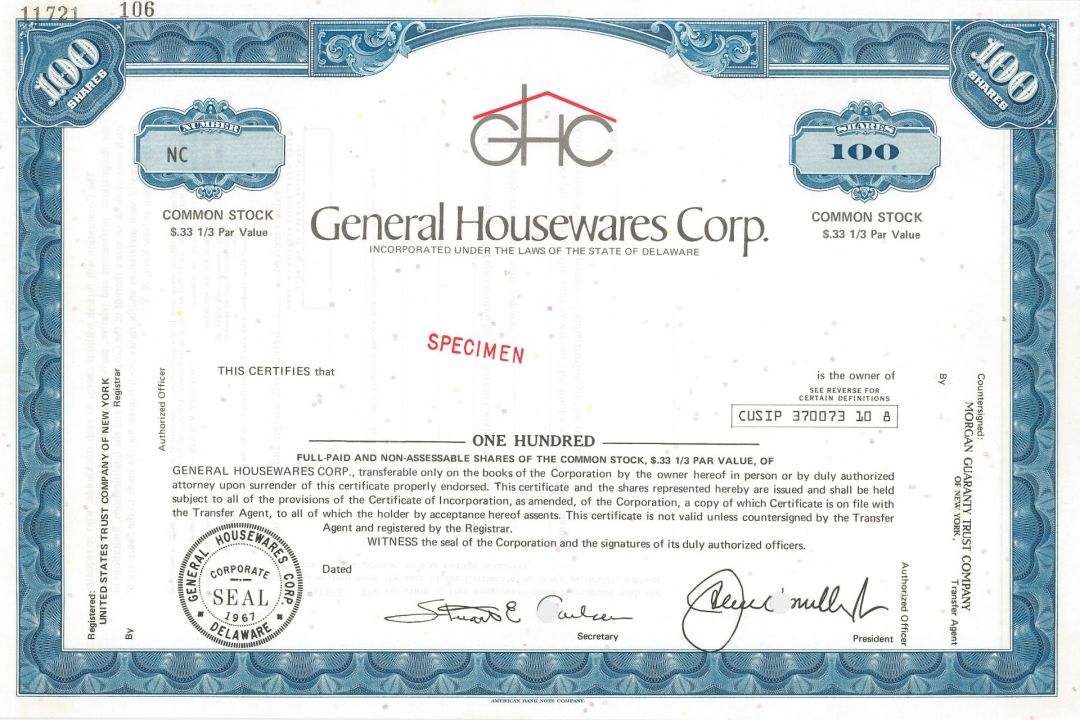 General Housewares Corp. - Specimen Stock Certificates