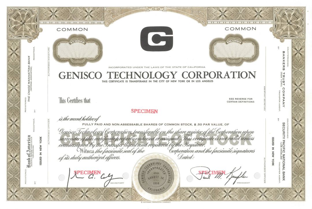 Genisco Technology Corporation - Specimen Stock Certificate